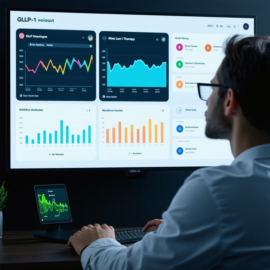 Futuristic digital dashboard showing patient metrics and telemedicine consultation for GLP-1 weight loss therapy