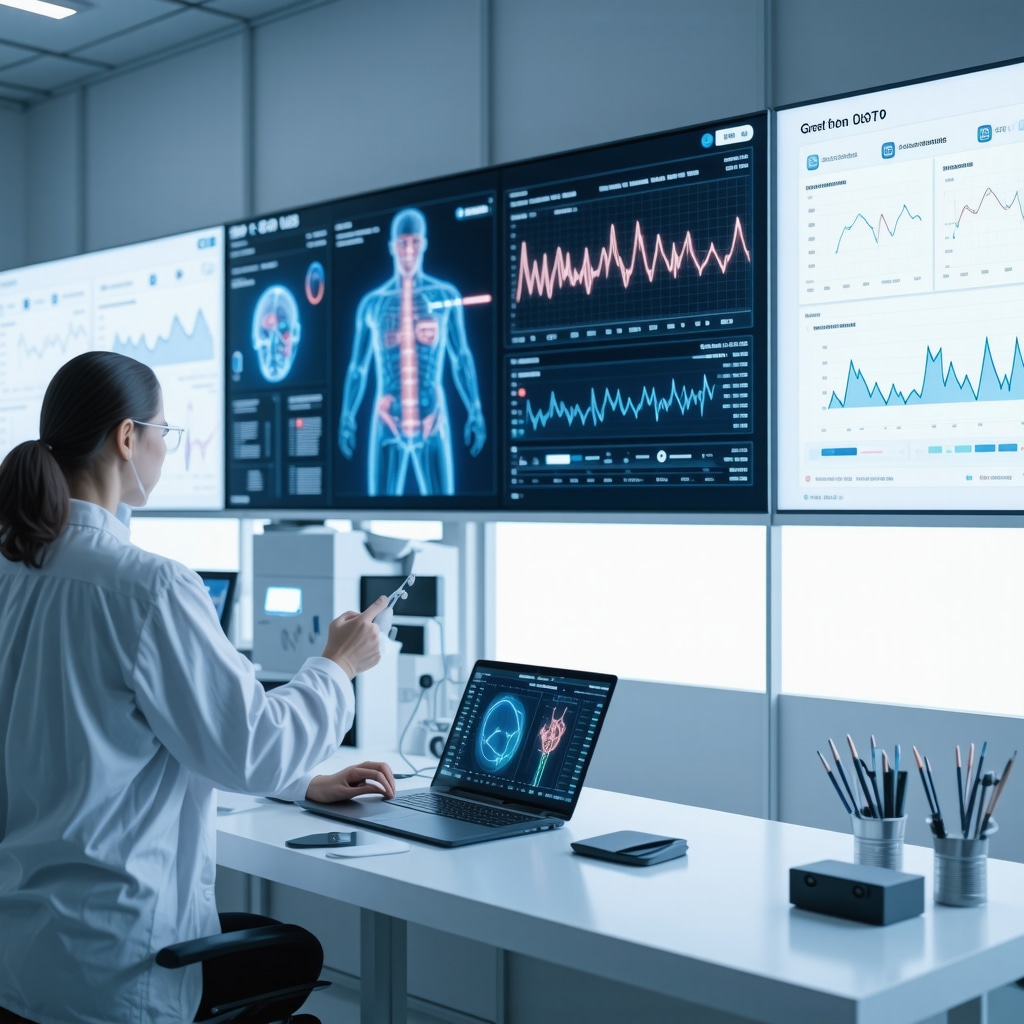 Futuristic digital dashboard showing patient metabolic data and AI-driven GLP-1 dosing adjustments in clinical setting