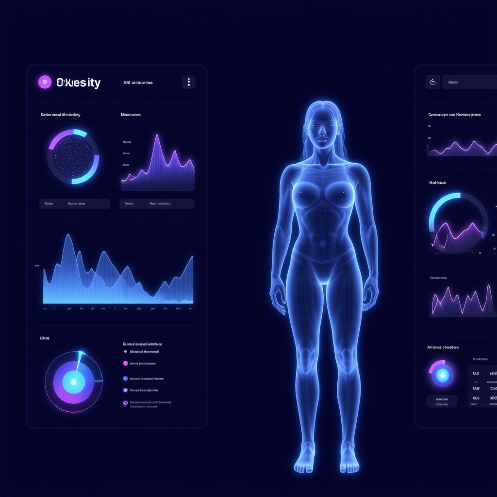 Futuristic digital health dashboard showing weight loss data, genomic information, and AI coaching metrics