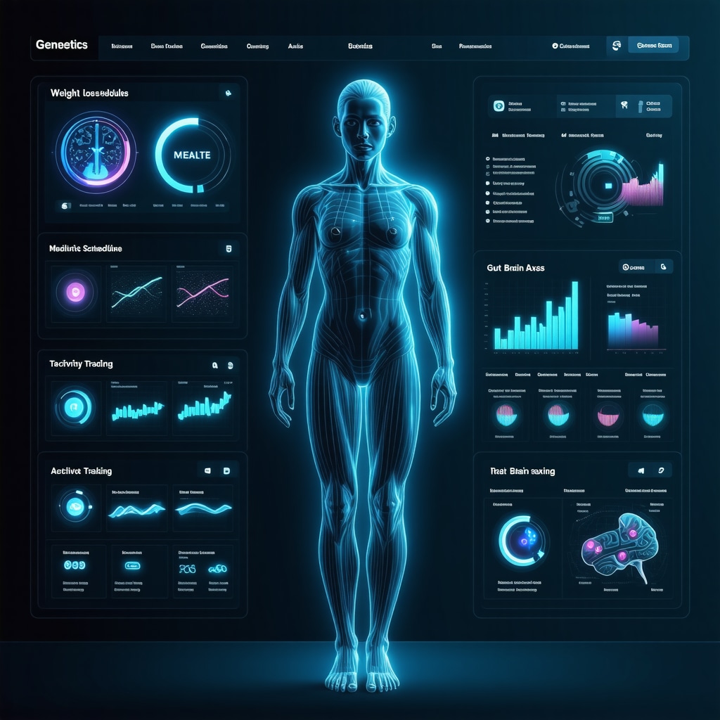 Futuristic digital dashboard showing genetic data, medication schedules, and gut-brain axis illustration for personalized weight loss