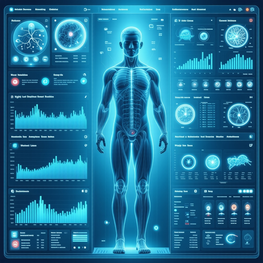 Futuristic dashboard showing genomic data, microbiome profiles, AI analytics, and medication adherence for obesity treatment