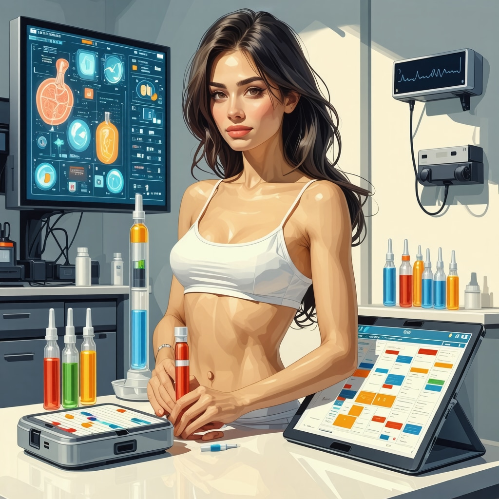 Futuristic digital health app interface showing injectable weight loss medication schedule and personalized coaching features