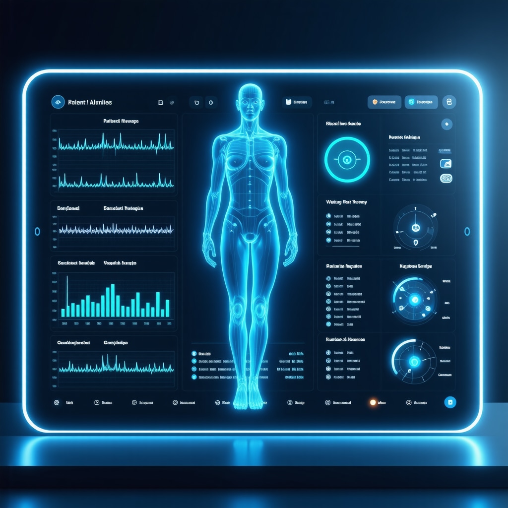 Futuristic digital health dashboard showing glucose levels, body composition, and patient feedback in weight loss injection therapy