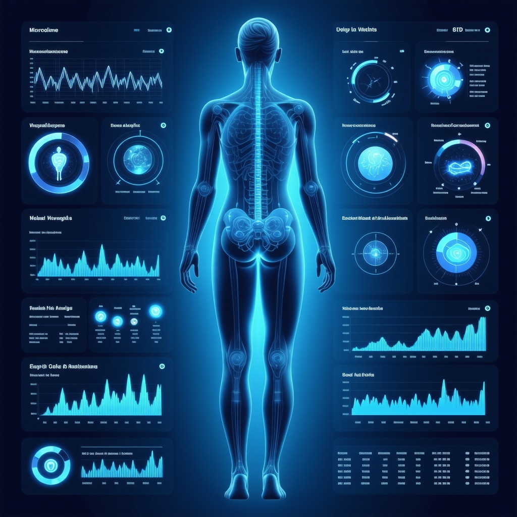 Interface showing combined genomics, microbiome, and wearable device data for weight management