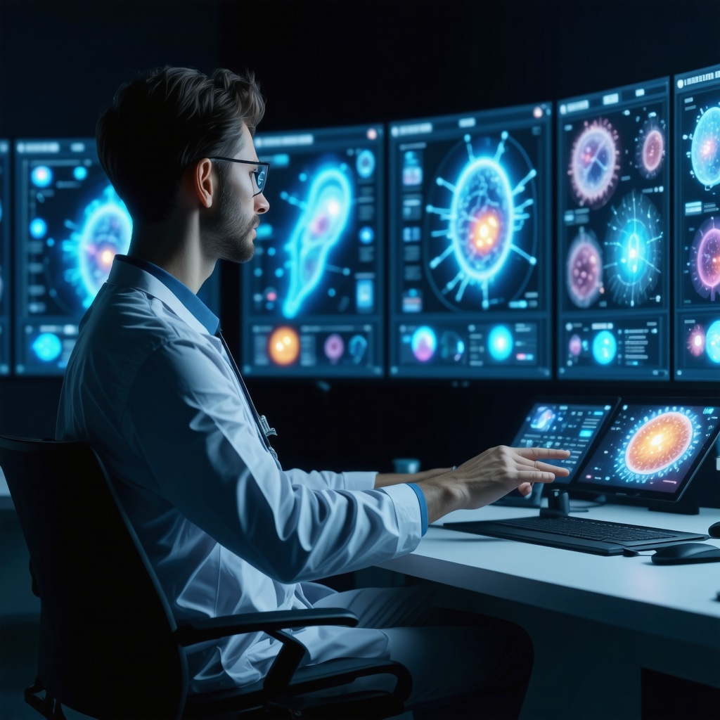 Patient and doctor engaged in a futuristic virtual consultation with AI-driven metabolic and microbiome data on display