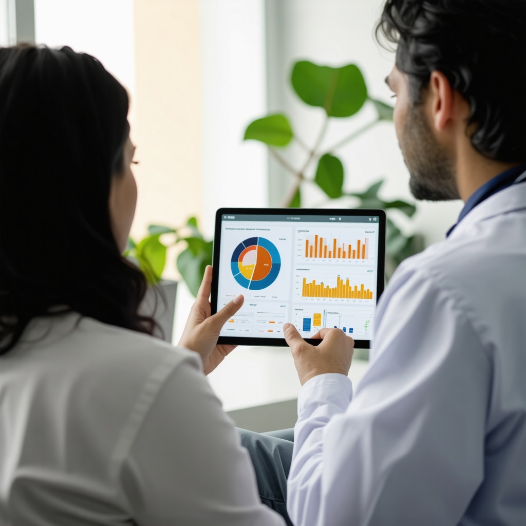 Doctor and patient discussing personalized weight loss data including metabolism, hormones, and microbiome profiles
