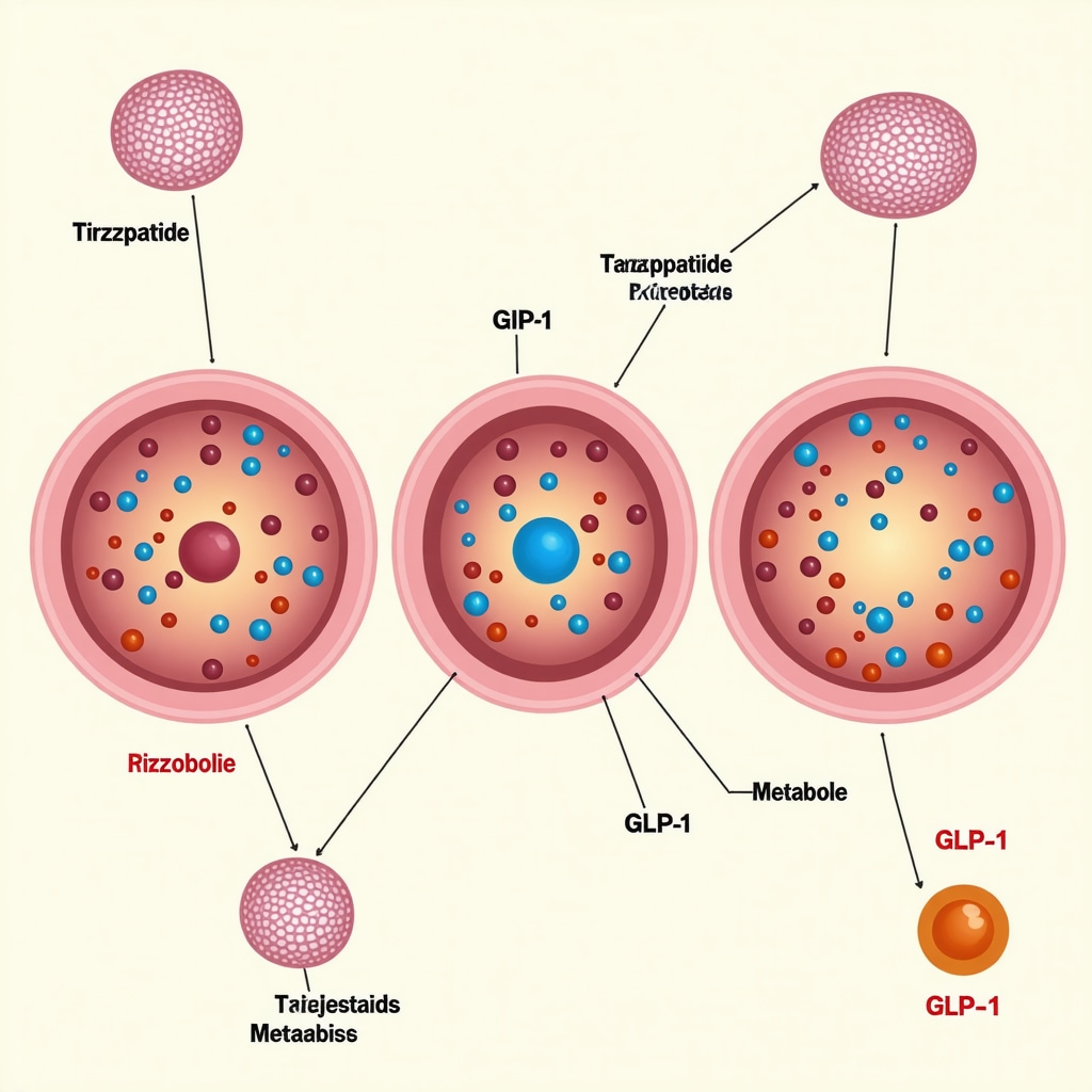 Infographic showing tirzepatide's dual receptor agonism and metabolic effects