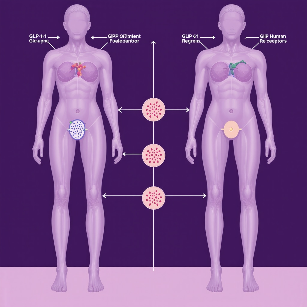 Diagram of dual-agonist injectable medication targeting GLP-1 and GIP receptors for weight loss