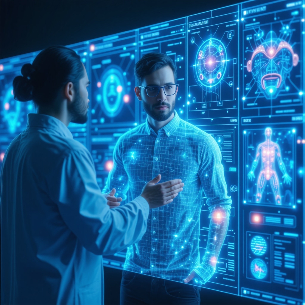 Doctor using holographic interface displaying genetic and AI data for personalized weight loss treatment