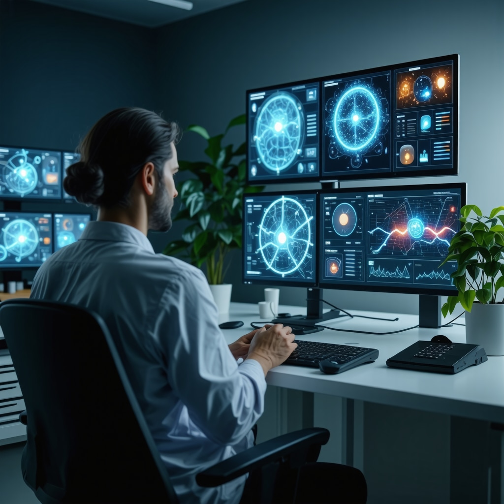 Patient consulting doctor remotely with genomic and AI health data displayed
