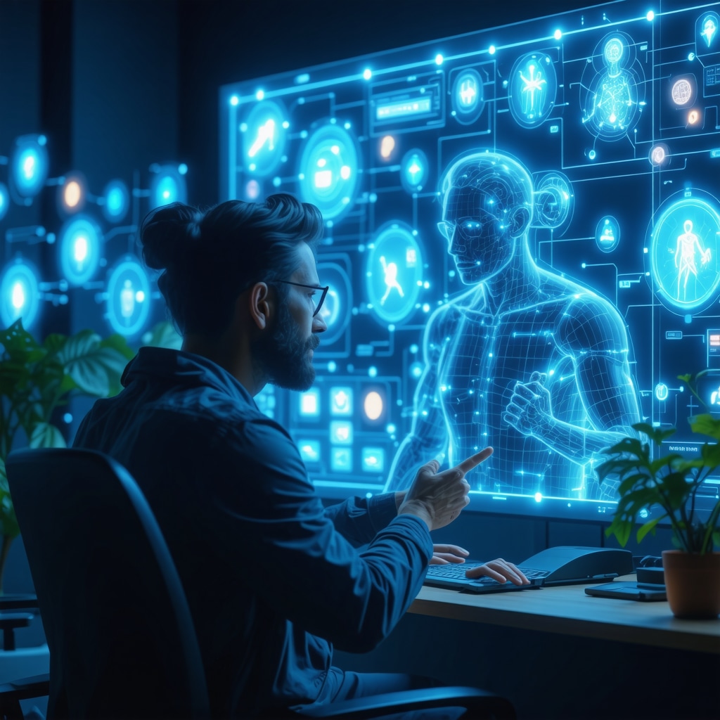 Patient interacting with virtual doctor via AI interface showing biometric data and gamification features