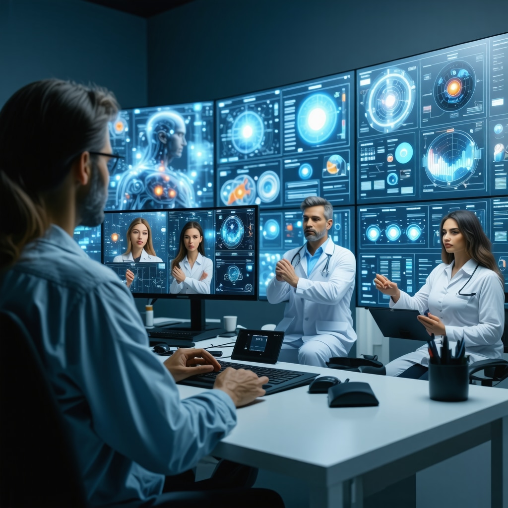 Patient engaging in a virtual weight loss consultation with a multidisciplinary team using advanced telemedicine technology