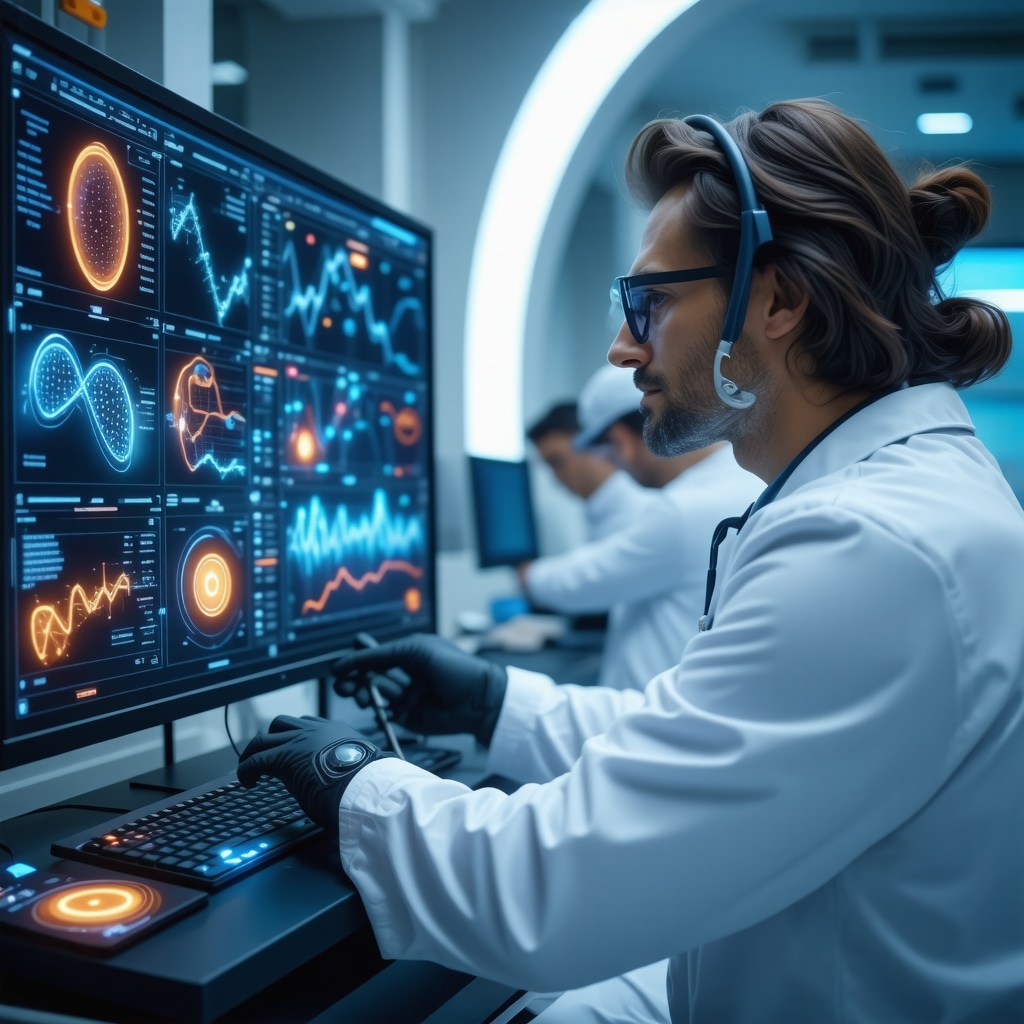 Physician analyzing genomic data with patient wearing wearable health monitor in a futuristic clinic