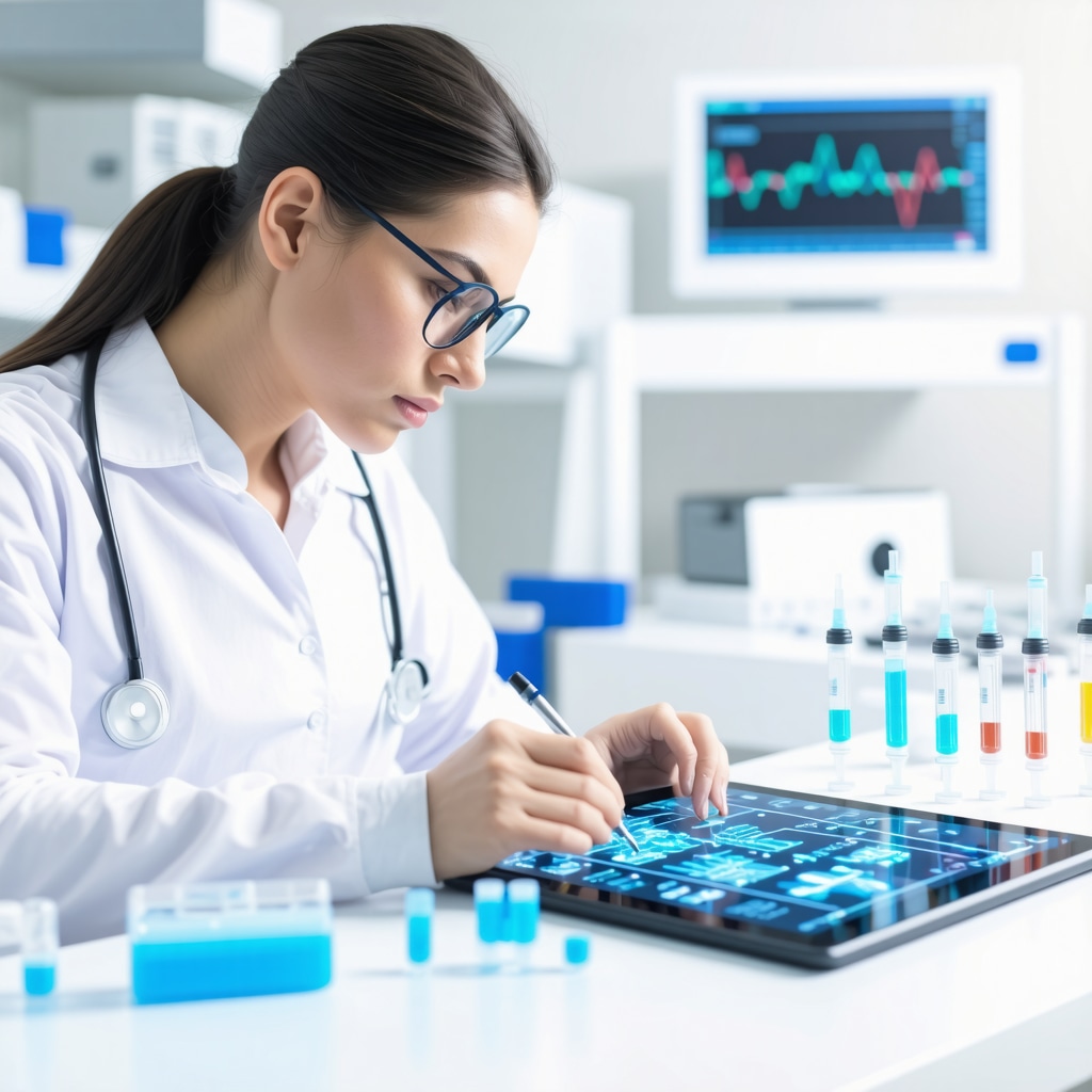 Healthcare professional analyzing genomic and AI data for personalized injectable weight loss treatment in advanced clinical setting