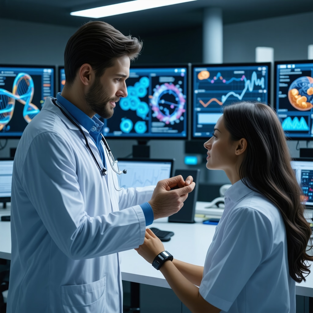 Doctor analyzing genetic data and digital biomarker charts with patient using wearable technology
