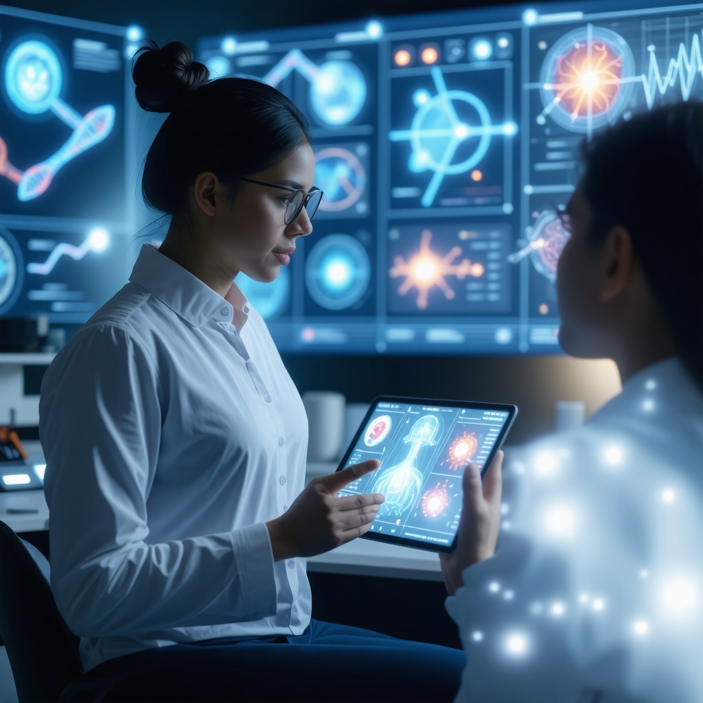 Patient consulting with AI health assistant displaying genetic and metabolic biomarker data for weight loss treatment personalization