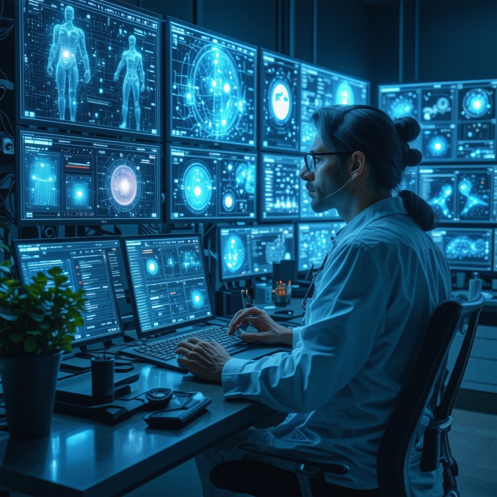 Clinician reviewing AI and genomic data on transparent screens for telemedicine obesity care