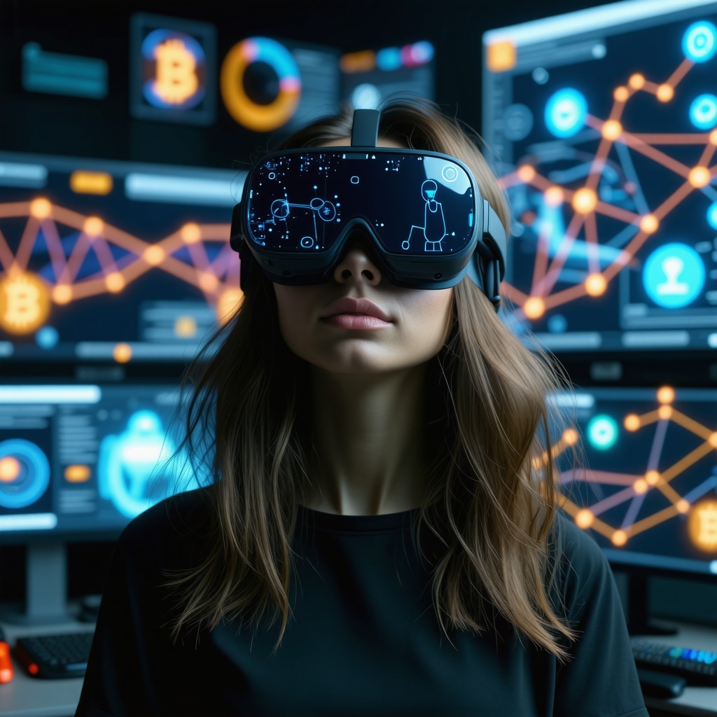 Patient engaging in VR weight loss therapy with genetic data and blockchain security visuals