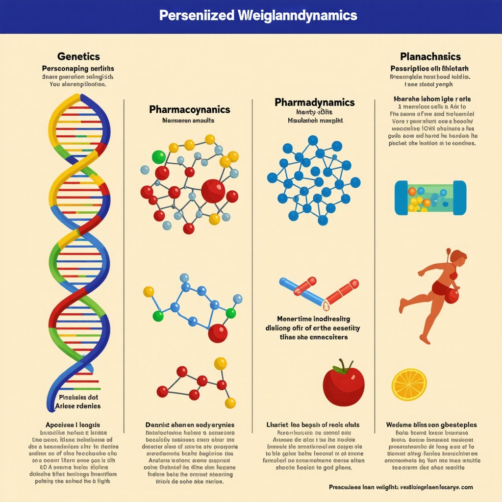 Infographic illustrating the integration of genetics, pharmacodynamics, and lifestyle factors in personalized prescription weight loss medication plans