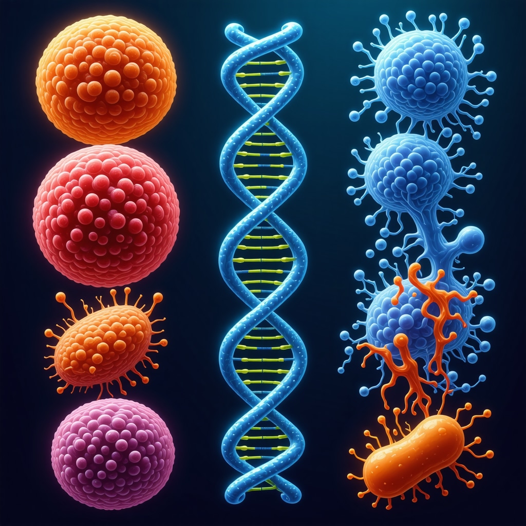 Diagram showing gut microbiome diversity alongside DNA strands symbolizing genetic influence on weight loss