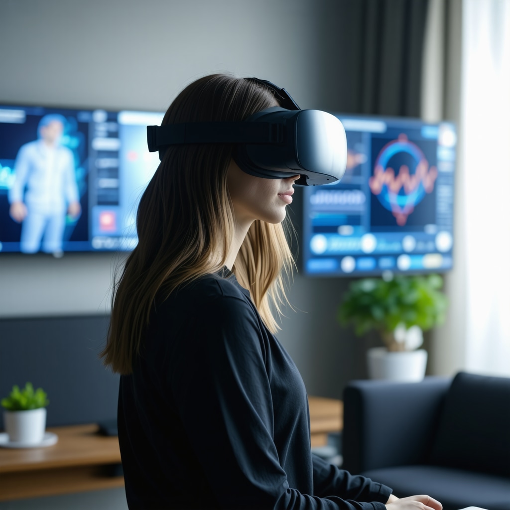 Patient wearing VR headset engaging in behavioral therapy for weight loss with biometric data shown on screen