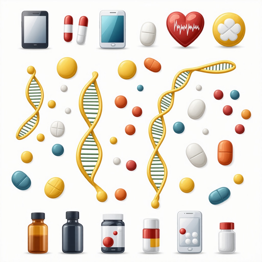 Infographic showing DNA strands, digital devices, and medication representing advanced personalized weight loss strategies