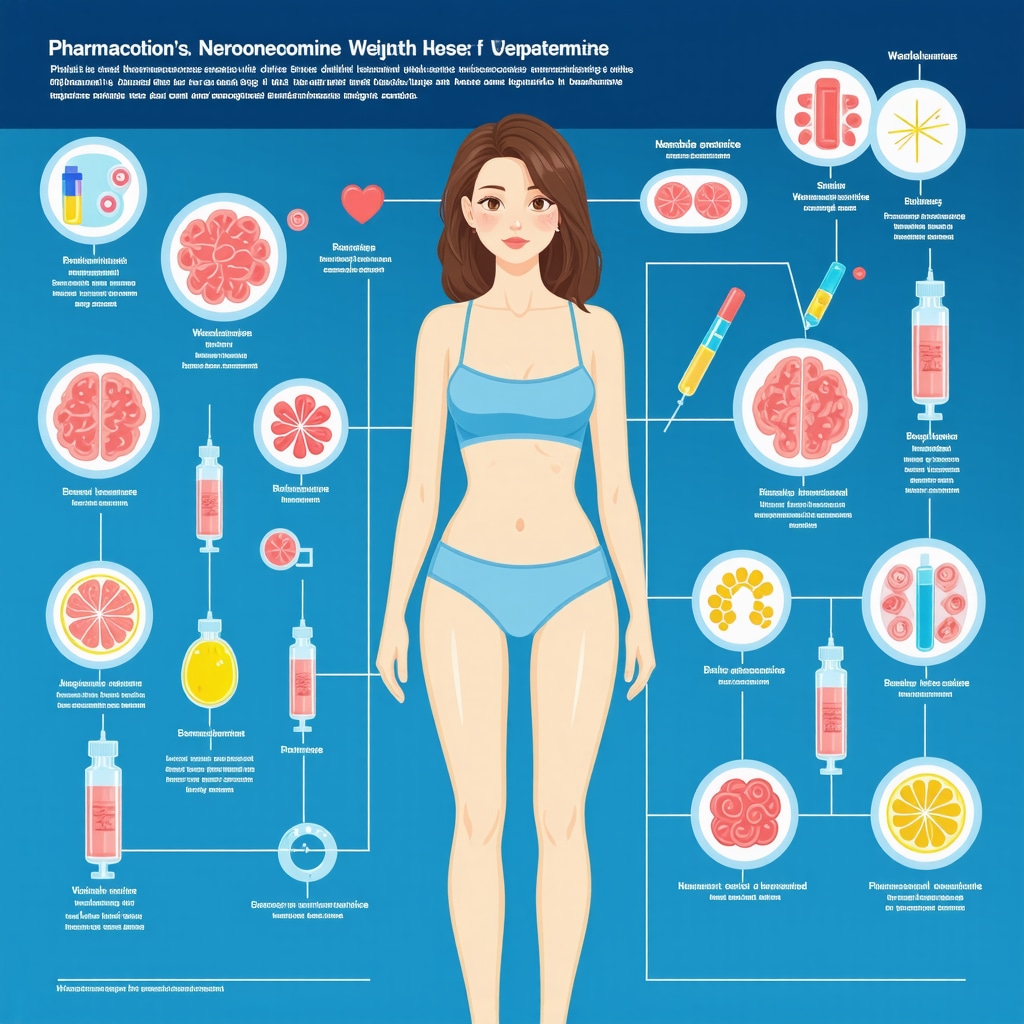 Infographic depicting pharmacogenomics, digital health monitoring, and neuroendocrine pathways in injectable weight loss therapy
