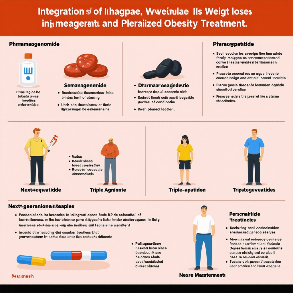 Infographic showing personalized approaches to injectable weight loss treatment with pharmacogenomics and next-generation therapies