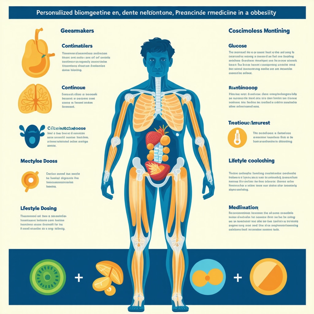 Diagram showing integration of genetic biomarkers, glucose monitoring, medication, and lifestyle coaching for personalized weight loss