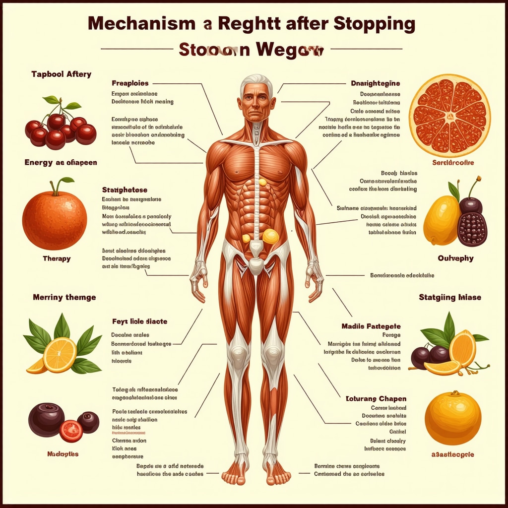 Diagram showing metabolic adaptations and strategies to prevent weight regain after stopping Wegovy