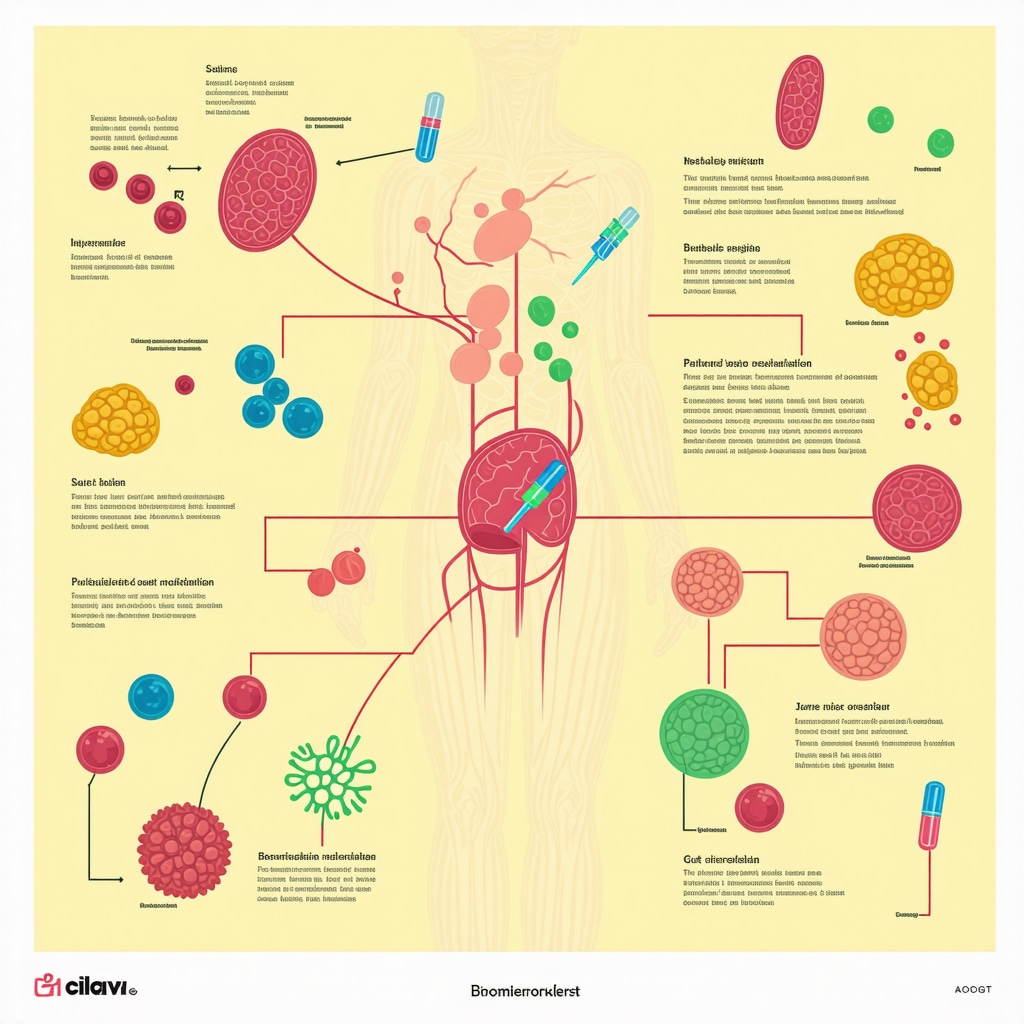 Infographic showing mechanisms of injectable weight loss medications, biomarkers, and gut microbiota effects