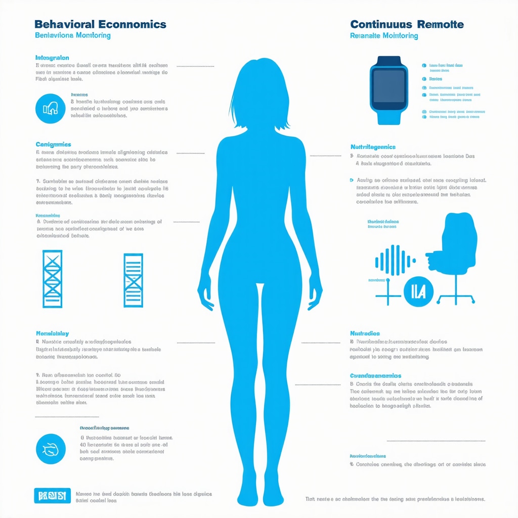 Infographic showing behavioral economics, remote monitoring wearables, and nutrigenomics DNA strands in personalized weight loss