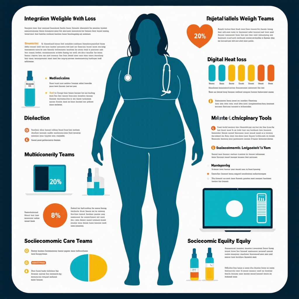 Infographic showing injectable weight loss treatments combined with telemedicine, multidisciplinary teams, and equitable access approaches for obesity care