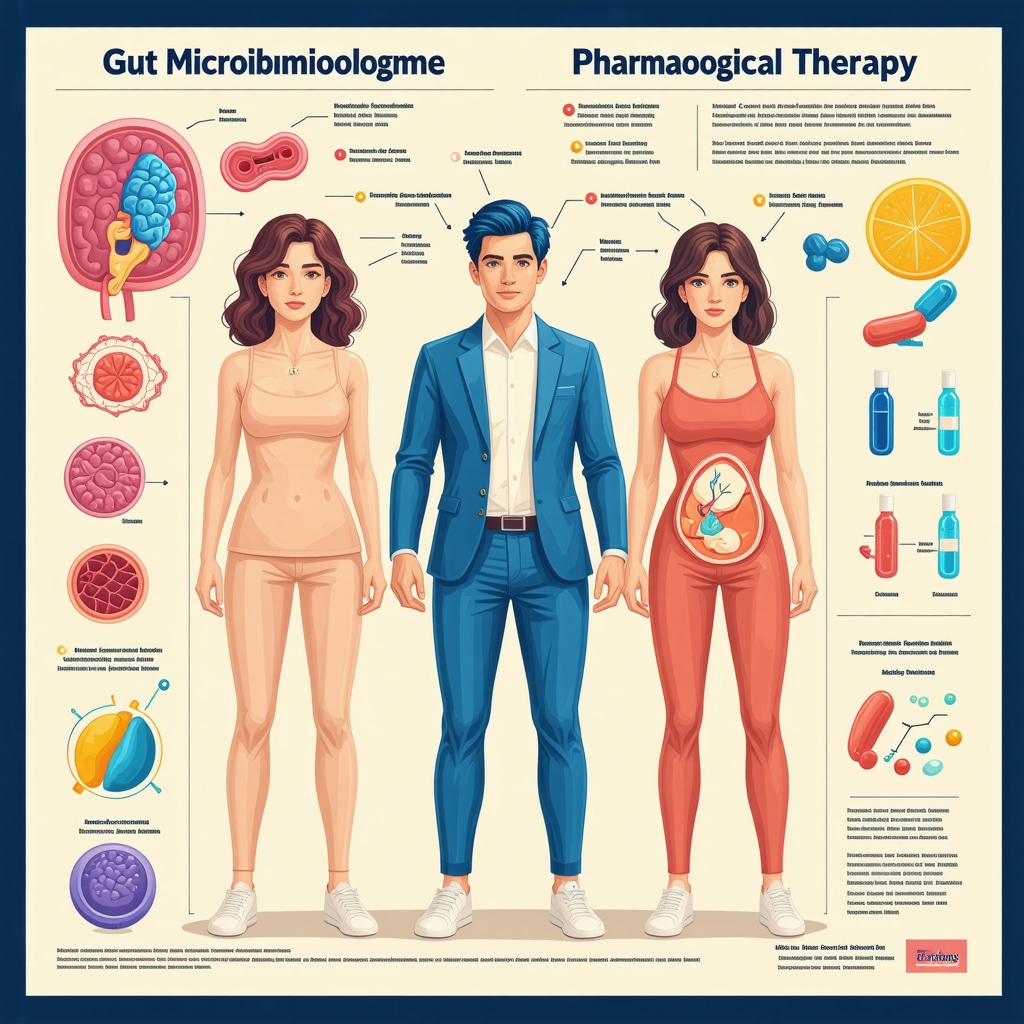 Infographic illustrating gut microbiome modulation, medication, and behavioral therapy integration in medical weight loss