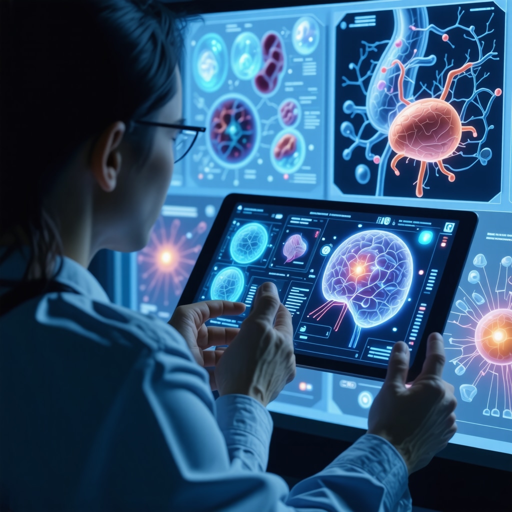 Patient using AI digital therapeutics and genetic profile display with gut microbiota illustration for personalized weight loss therapy