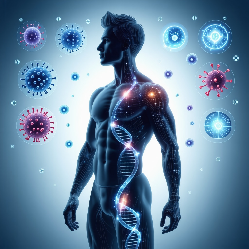 Human silhouette with DNA strand and microbiome and AI icons illustrating advanced personalized weight loss medicine