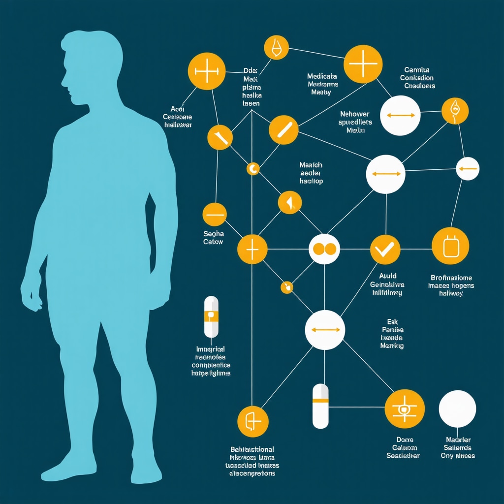 Infographic showing genetic markers, medication pathways, and behavioral therapy icons interconnected for advanced weight loss treatments