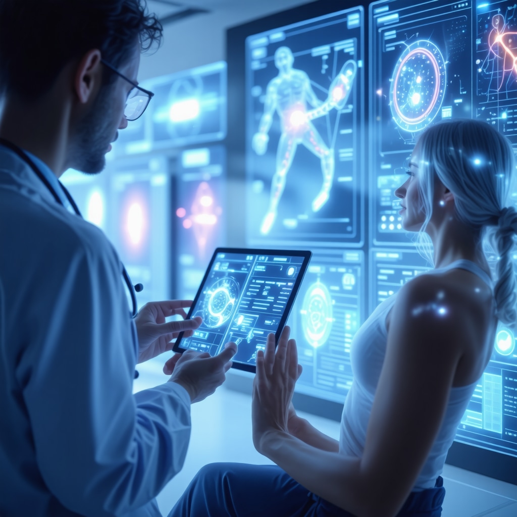 Doctor reviewing pharmacogenomic data with patient wearing wearable health device showing real-time biometric monitoring