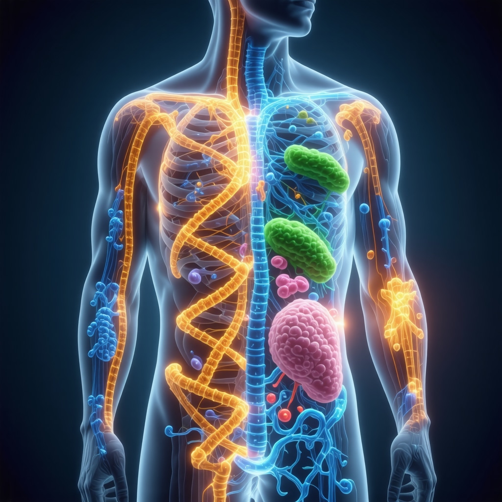 Human silhouette with DNA strands and gut bacteria illustrating personalized weight loss treatment