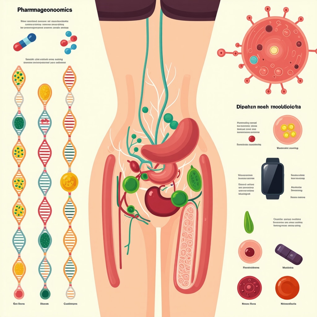 Infographic illustrating pharmacogenomics, digital health tools, and microbiota modulation in weight loss therapy