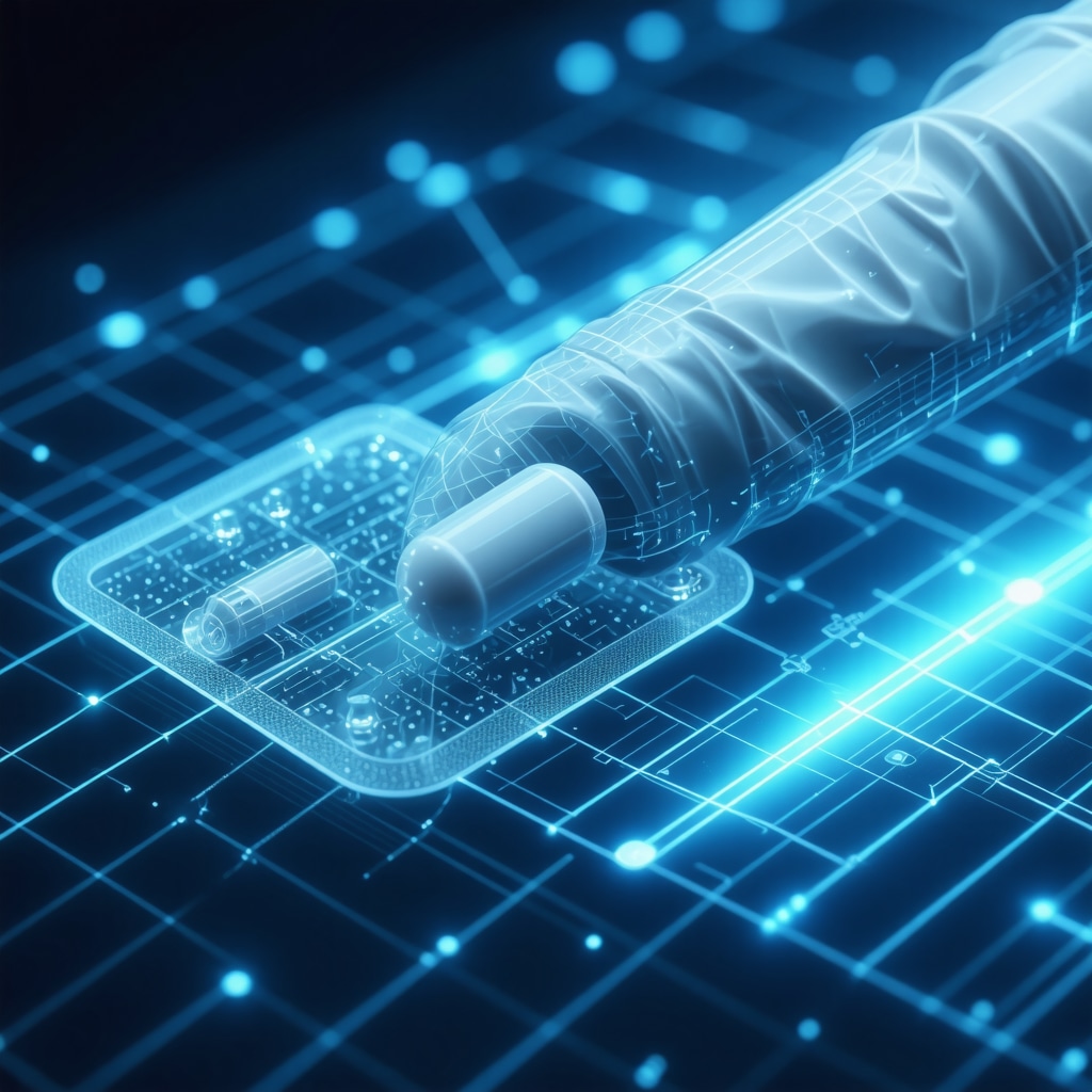 Illustration of micro-needle patch and AI data interface for advanced injectable weight loss therapy