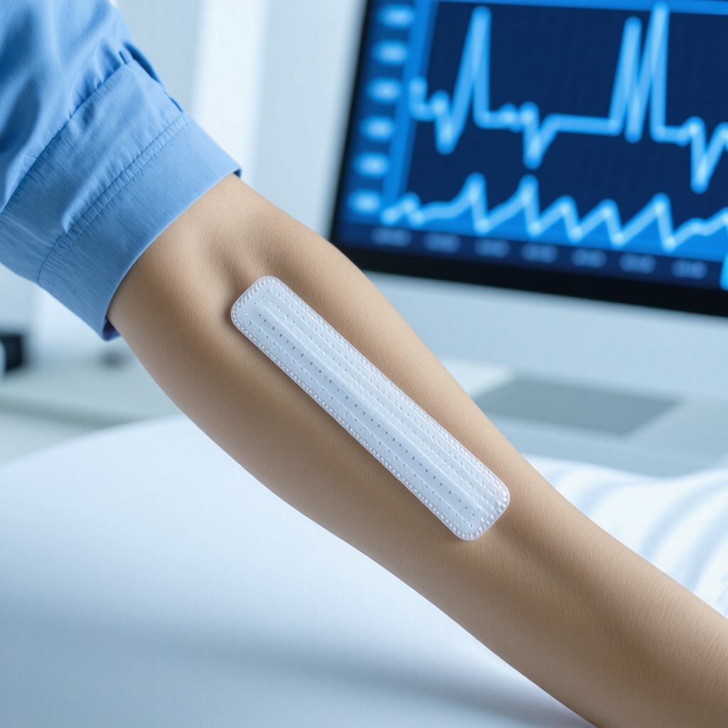 Patient applying a microneedle patch with digital metabolic data display