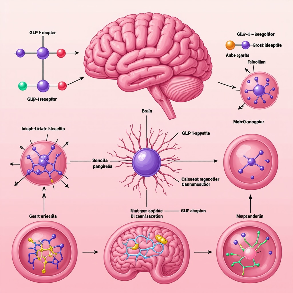 Diagram showing GLP-1 receptor agonist interactions with brain appetite centers and pancreatic pathways including genetic modulation