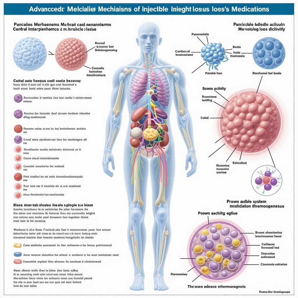 Infographic showing metabolic effects of injectable weight loss drugs on brain, pancreas, and adipose tissue