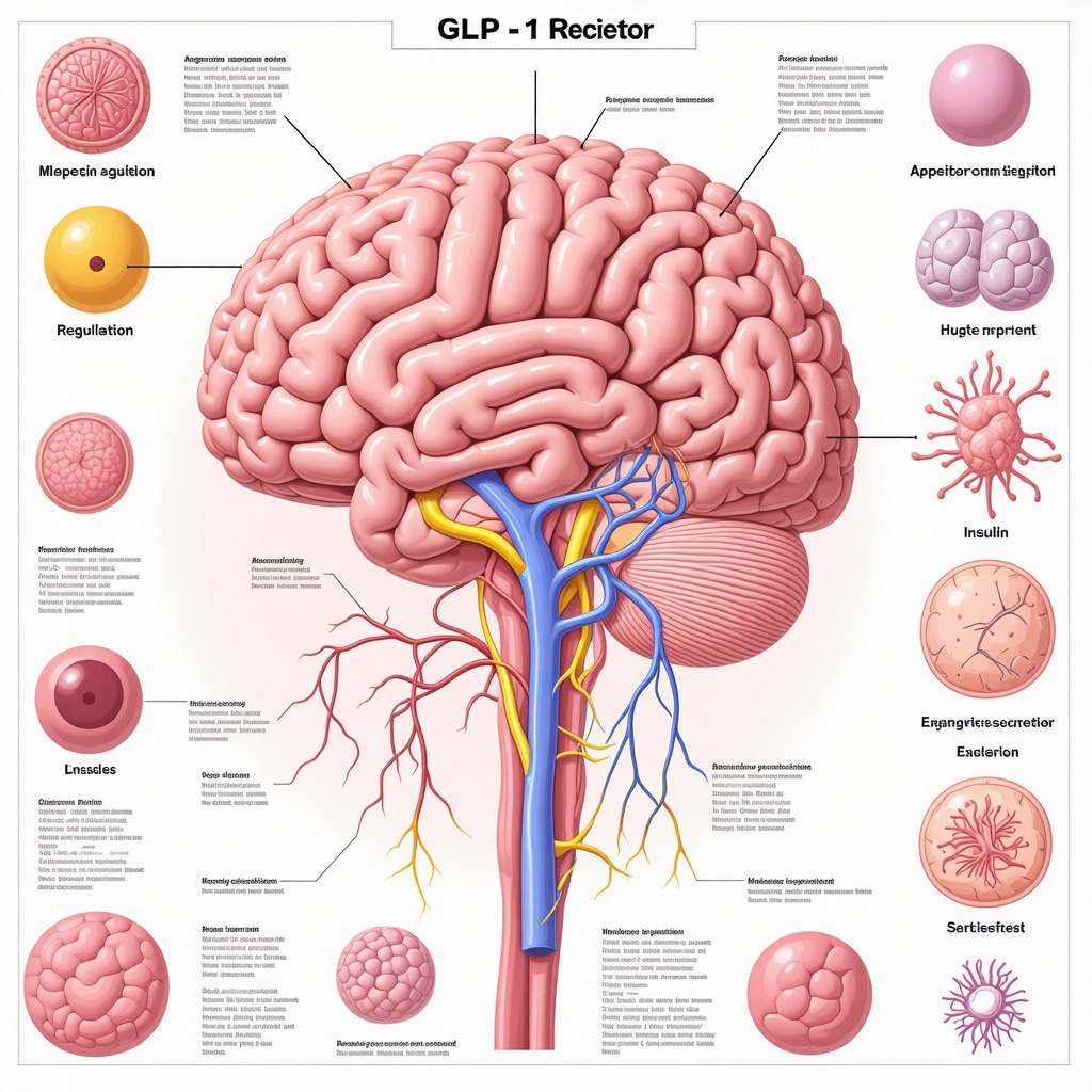 Infographic showing GLP-1 receptor agonist effects on brain and peripheral metabolism