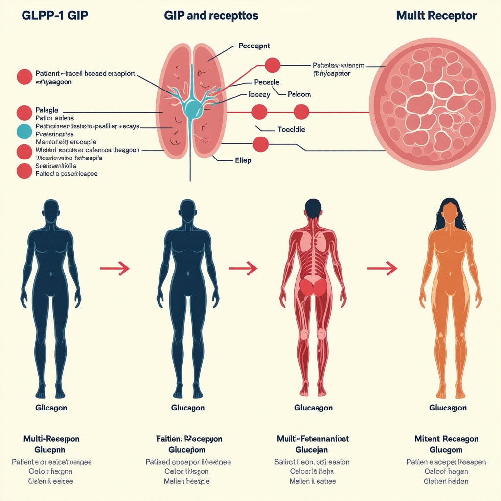 Diagram showing GLP-1, GIP, and glucagon receptor activation and metabolic effects in polyagonist weight loss therapy