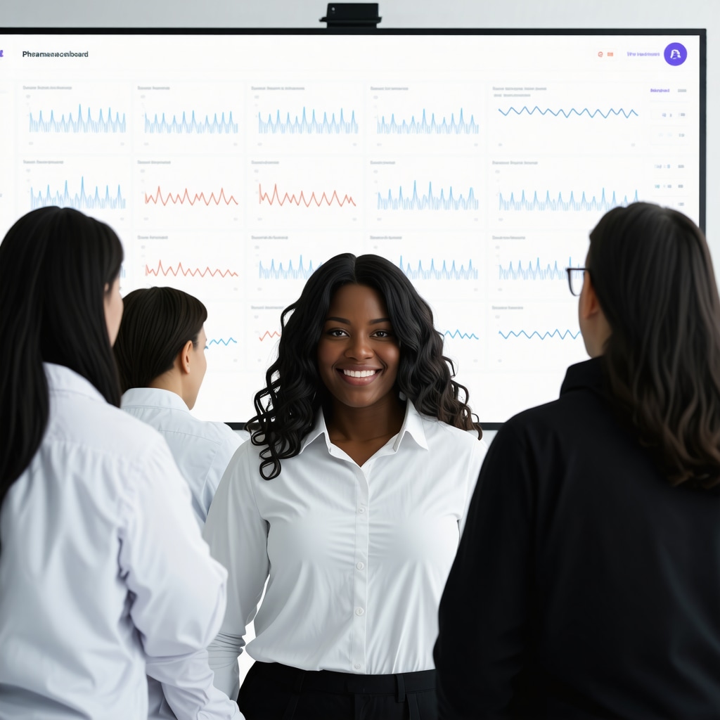Healthcare professionals reviewing pharmacogenomic data and patient progress on digital dashboard