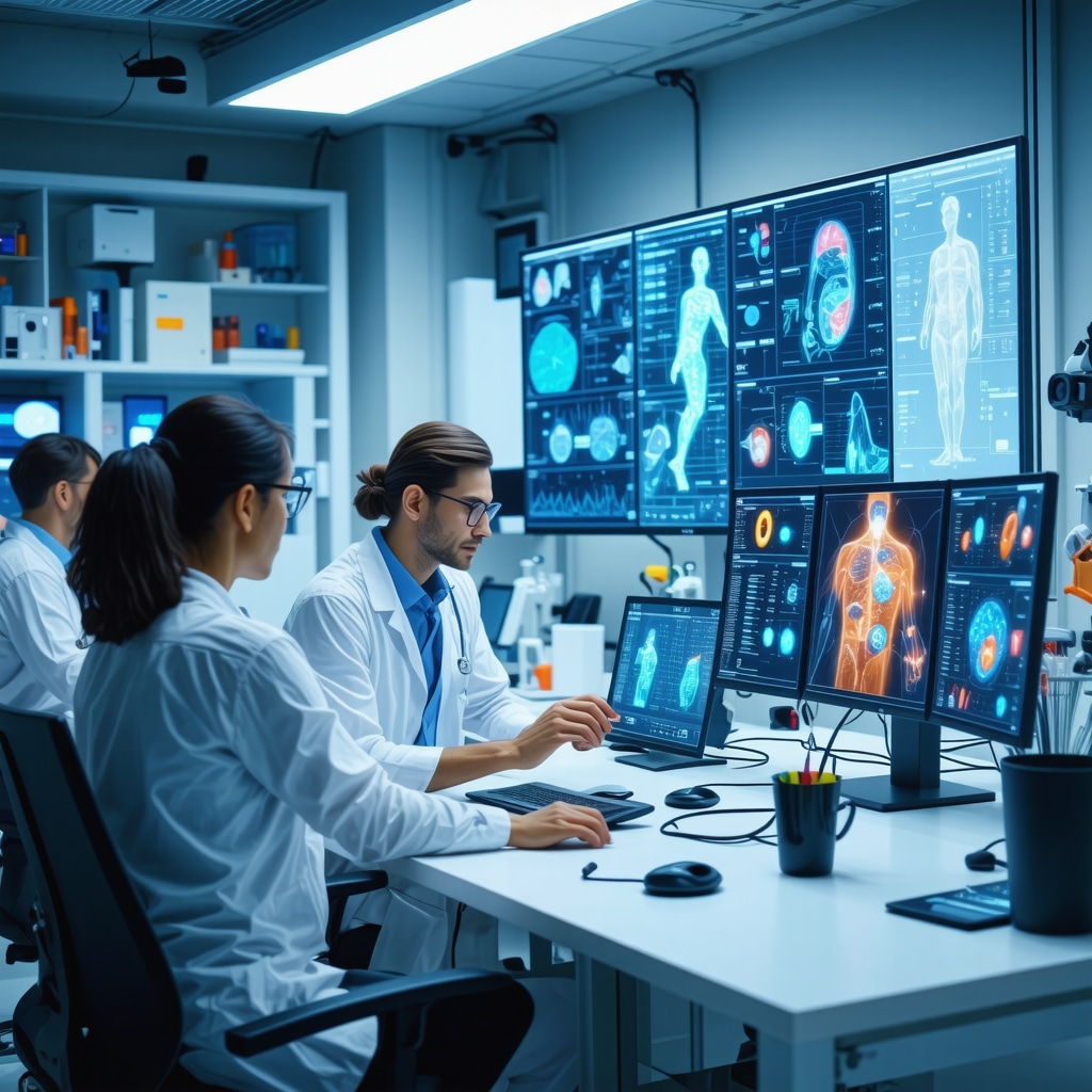 Healthcare professionals collaborating with digital displays of genomic data and AI models for obesity pharmacotherapy optimization