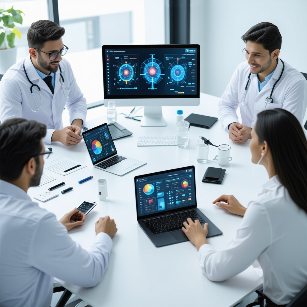 Healthcare professionals managing obesity with AI-driven digital tools and combination pharmacotherapy in a clinical environment