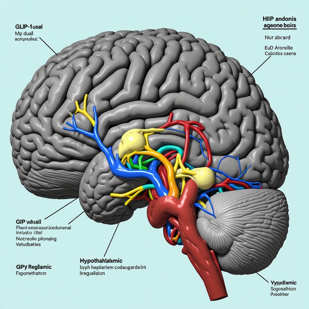 Infographic depicting the brain regions affected by GLP-1 and GIP receptor activation influencing appetite and reward mechanisms